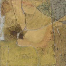 MINIMALLY REPAIRED GOLD SQUARE, 13 x 12 - Mixed media on sheetrock